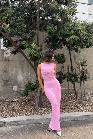 Woochic robe cocktail col rond tricoté découpes taille haute rose 5 S